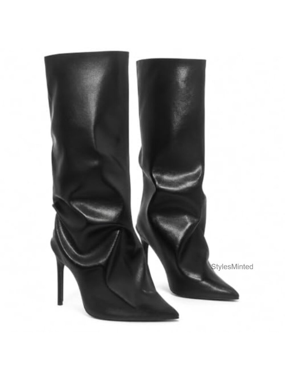 Women's Knee High Stiletto Boots, Pointed Toe Leather Heeled Boots, Slouchy